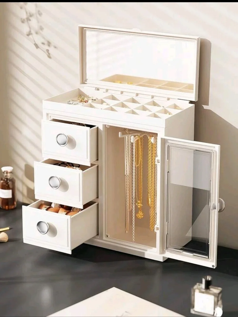 White Jewelry Organizer Cabinet with Drawers and Mirror